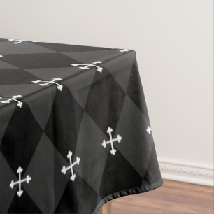 Gray and Black Harlequin Design with Gothic Cross Tablecloth