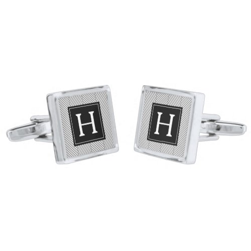 Gray and Black Herringbone Pattern Monogram Cufflinks