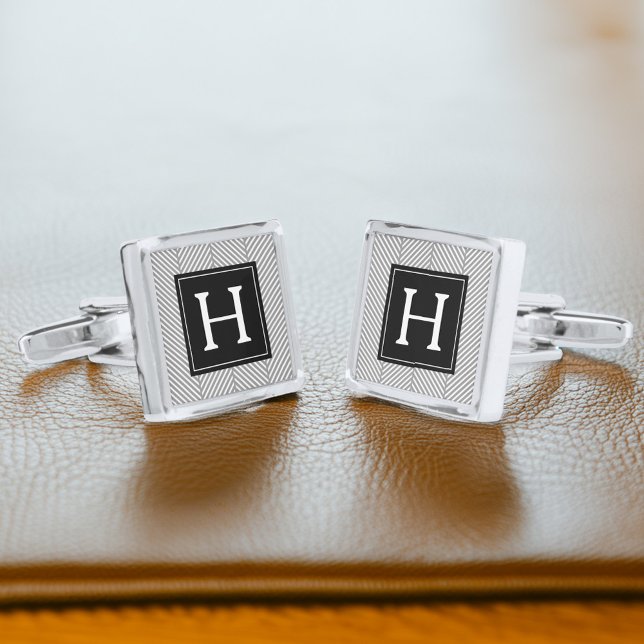 Gray and Black Herringbone Pattern Monogram Cufflinks (Creator Uploaded)