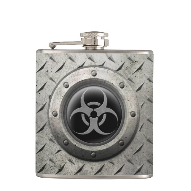 Gray and Black Industrial Biohazard Steel Effect Hip Flask (Front)