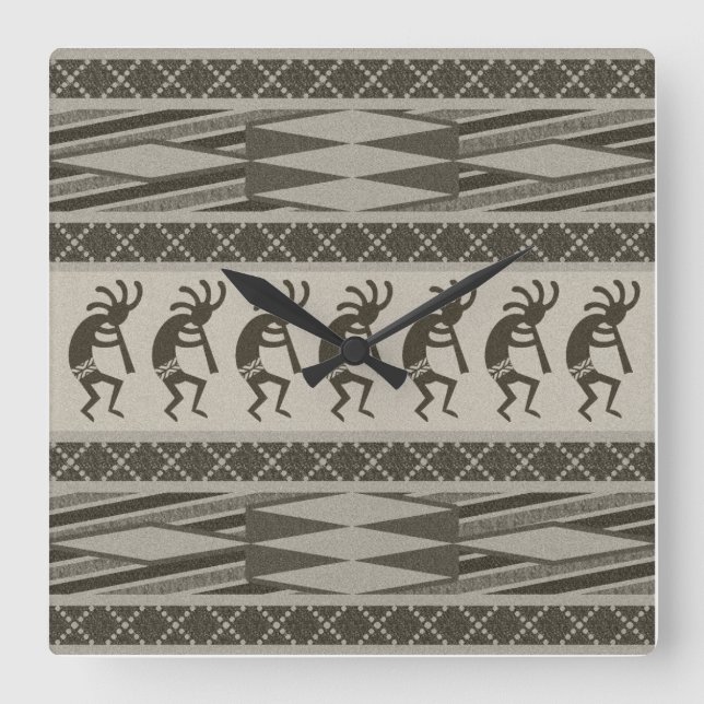 Gray And Black Kokopelli Aztec Design Square Wall Clock (Front)