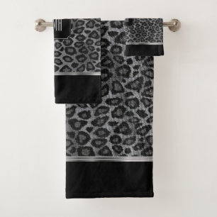 Gray and Black Leopard Pattern with Monogram Bath Towel Set