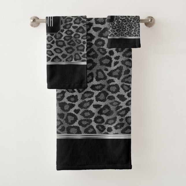 Gray and Black Leopard Pattern with Monogram Bath Towel Set (Insitu)
