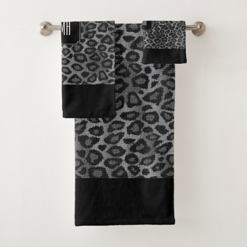 Gray and Black Leopard Pattern with Monogram Bath Towel Set