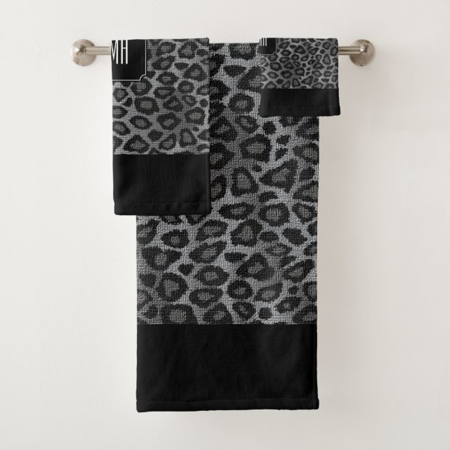 Gray and Black Leopard Pattern with Monogram Bath Towel Set (Insitu)