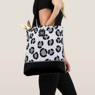 Gray and Black Leopard Pattern with Monogram Tote Bag