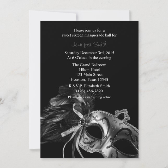 Gray and Black Masquerade Sweet 16 Ball Invitation (Back)