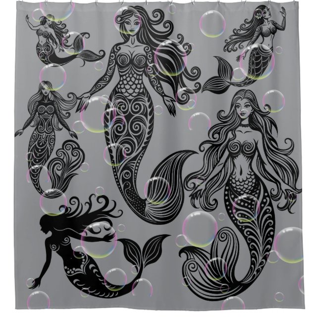 Gray and Black Mermaid Shower Curtain (Front)