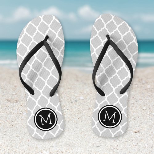 Gray and Black Moroccan Quatrefoil Monogram Flip Flops