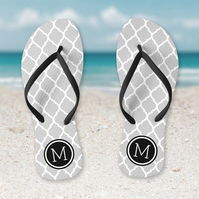 Gray and Black Moroccan Quatrefoil Monogram Flip Flops (Creator Uploaded)