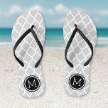 Gray and Black Moroccan Quatrefoil Monogram Flip Flops<br><div class="desc">Custom printed flip flop sandals with a stylish Moroccan quatrefoil pattern and your custom monogram or other text in a circle frame. Click Customize It to change text fonts and colors or add your own images to create a unique one of a kind design!</div>