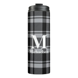 Gray and Black Plaid with Monogram Name  Thermal Tumbler