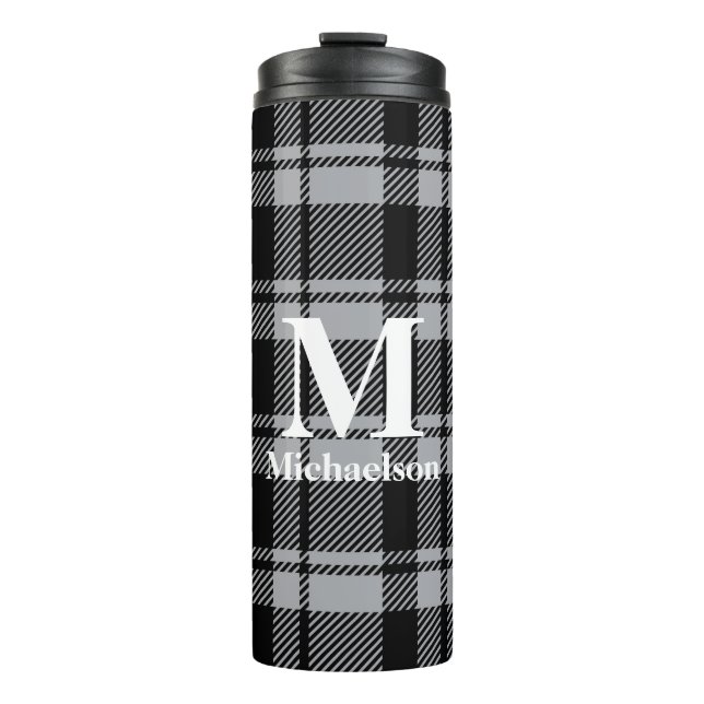 Gray and Black Plaid with Monogram Name  Thermal Tumbler (Front)