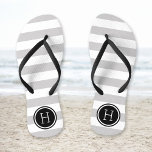 Gray and Black Preppy Stripes Monogram Flip Flops<br><div class="desc">Custom printed flip flop sandals with a preppy nautical stripe pattern and your custom monogram or other text in a circle frame. Click Customize It to change text fonts and colors or add your own images to create a unique one of a kind design!</div>