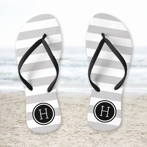 Gray and Black Preppy Stripes Monogram Flip Flops