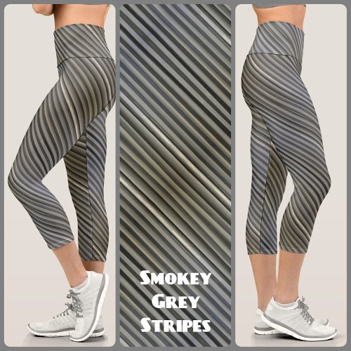 Gray and Black Smokey Monochromatic Stripes Chic Capri Leggings