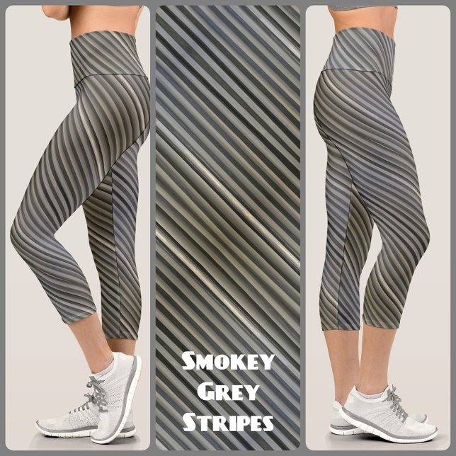 Gray and Black Smokey Monochromatic Stripes Chic Capri Leggings (Creator Uploaded)