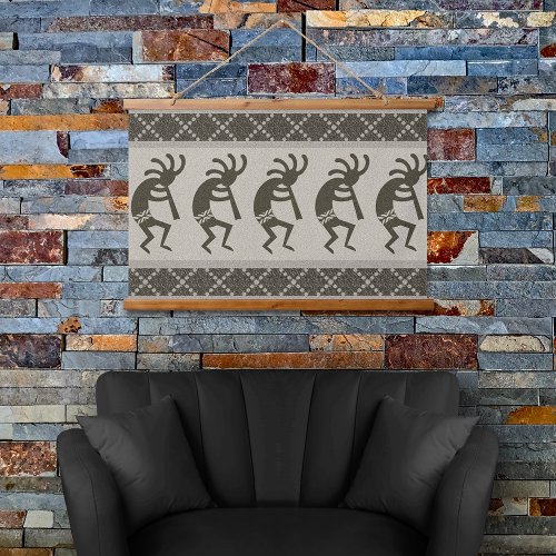 Gray And Black Southwest Kokopelli Aztec Pattern Hanging Tapestry