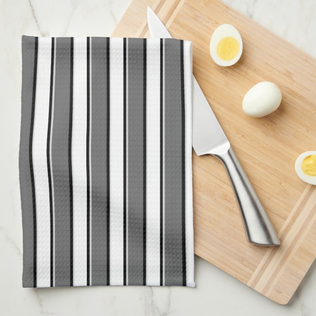 Gray and Black Stripes on White Kitchen Towels (Quarter Fold)