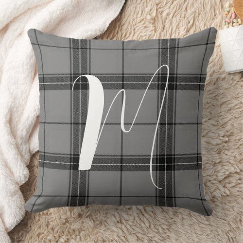 Gray and Black Tartan Plaid Monogrammed Throw Pillow