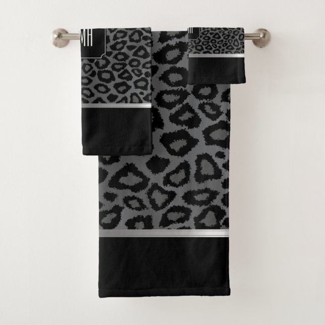 Gray and Black Wild Leopard Pattern with Monogram Bath Towel Set (Insitu)