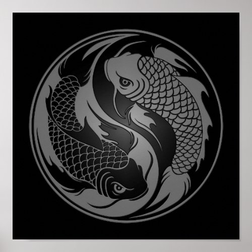 Gray and Black Yin Yang Koi Fish Poster