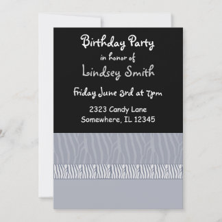 Gray and Black Zebra Print Birthday Invitation