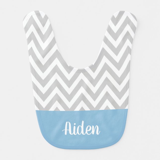 Gray and Blue Chevron Baby Name Monogrammed Baby Bib (Front)