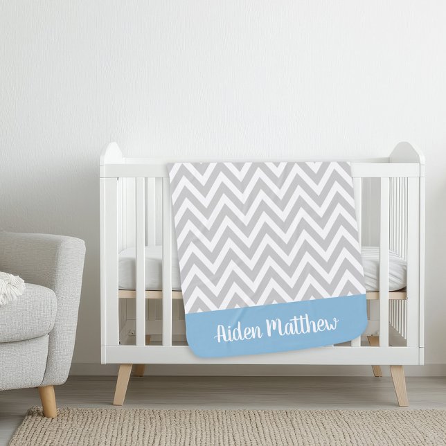 Gray and Blue Chevron Baby Name Monogrammed Blanket (Creator Uploaded)