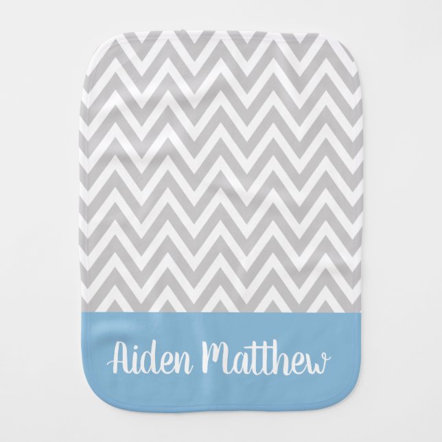 Gray and Blue Chevron Baby Name Monogrammed Burp Cloth (Front)