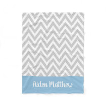 Gray and Blue Chevron Baby Name Monogrammed Fleece Blanket