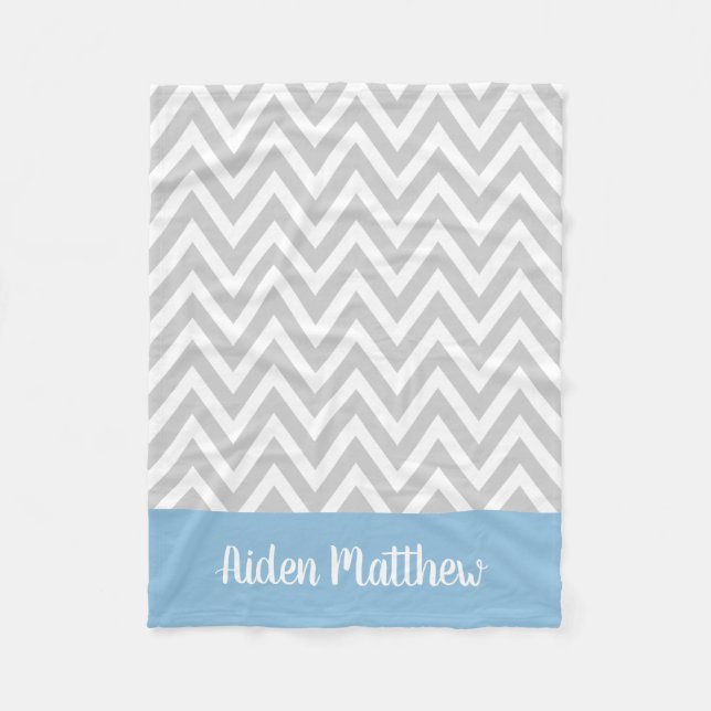 Gray and Blue Chevron Baby Name Monogrammed Fleece Blanket (Front)