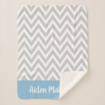 Gray and Blue Chevron Baby Name Monogrammed Sherpa Blanket