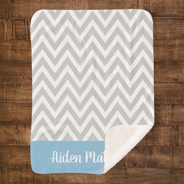 Gray and Blue Chevron Baby Name Monogrammed Sherpa Blanket (Creator Uploaded)