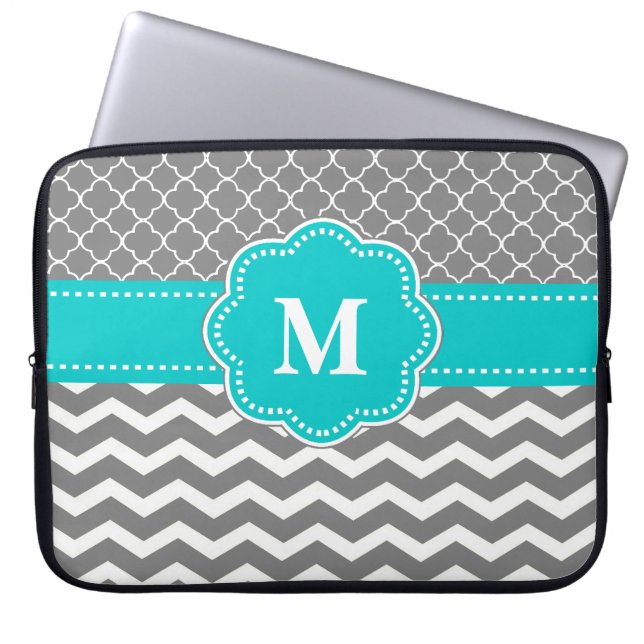Gray and Blue Chevron Monogram Laptop Sleeve (Front)