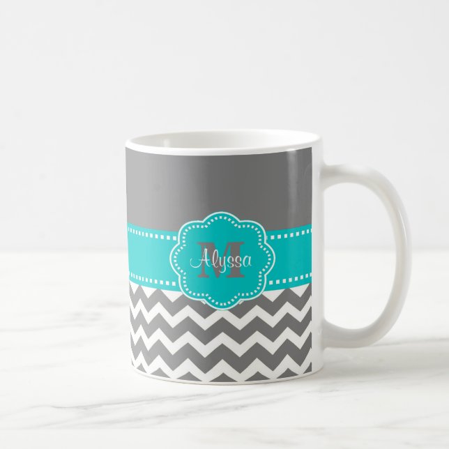 Gray and Blue Chevron Personalized Mug (Right)