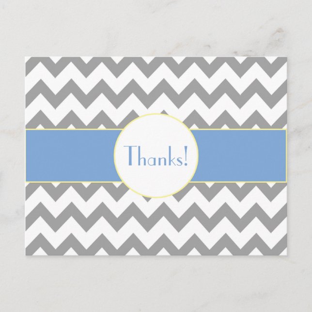Gray and Blue Chevron Striped Monogram Thank You Postcard (Front)