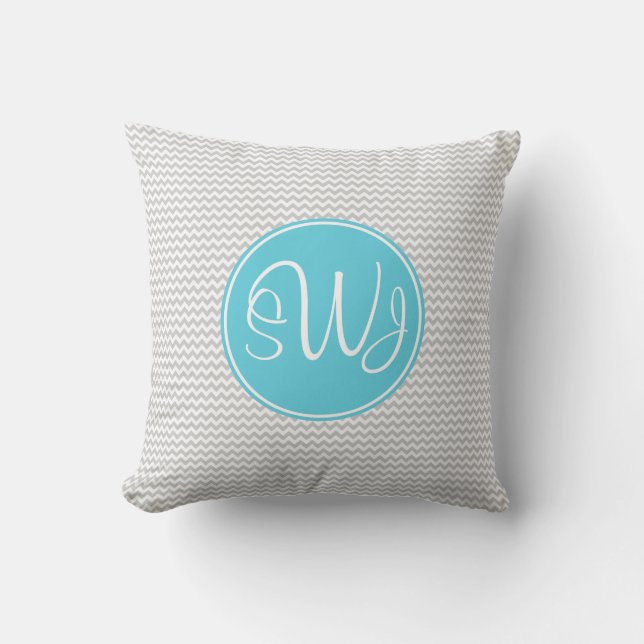 Gray and Blue Chevron Throw Pillow (Front)