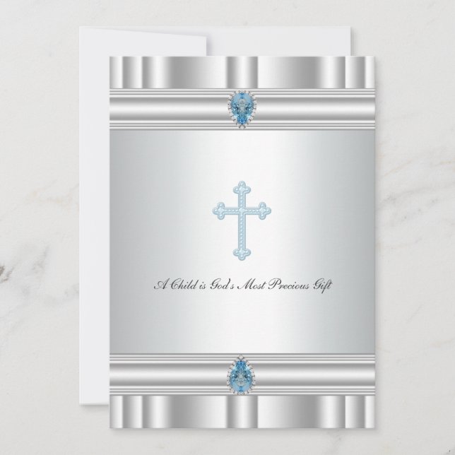Gray and Blue Cross Boys Christening Invitation (Front)