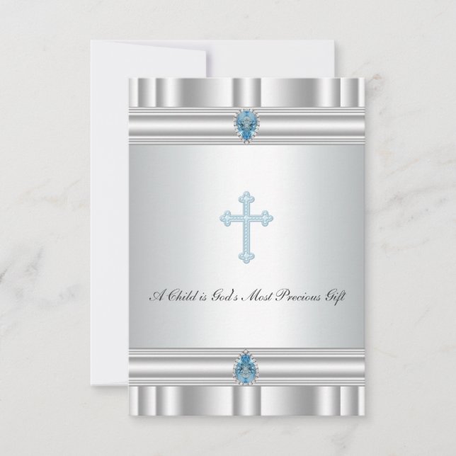 Gray and Blue Cross Christening Invitation (Front)