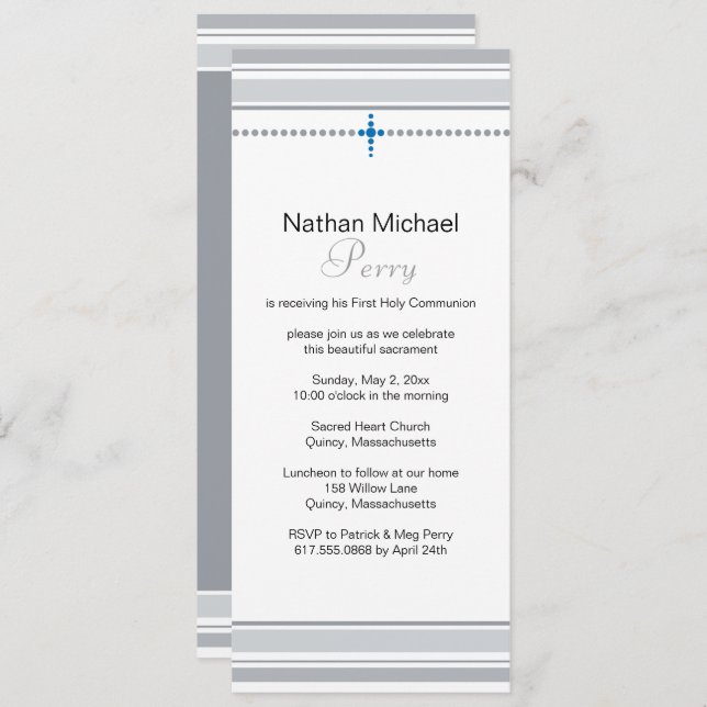 Gray and Blue Cross First Communion Invitation (Front/Back)