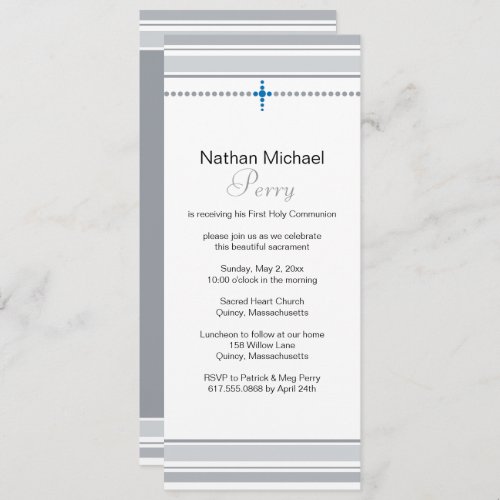 Gray and Blue Cross First Communion Invitation