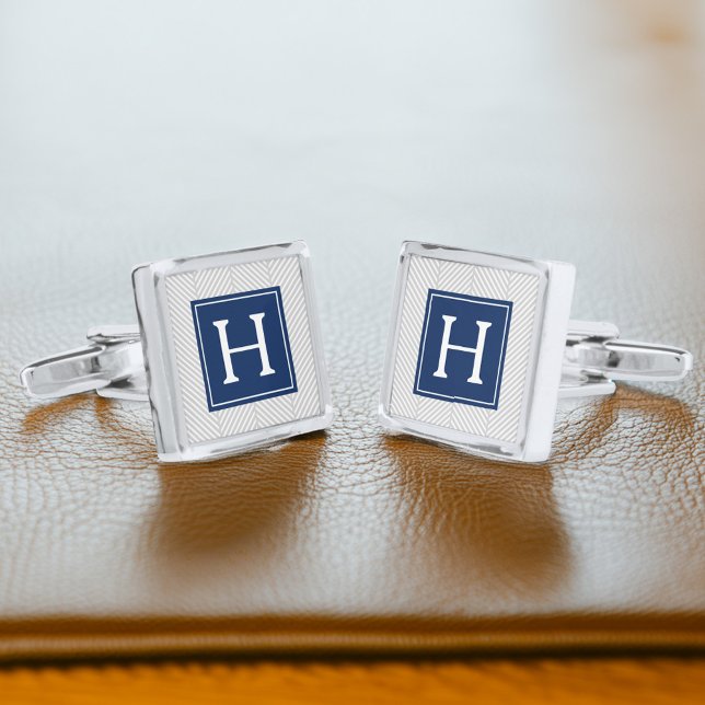 Gray and Blue Herringbone Pattern Monogram Cufflinks (Creator Uploaded)