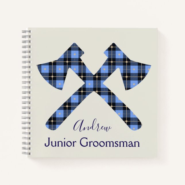 Gray and Blue Junior Groomsman plaid ax Notebook (Front)