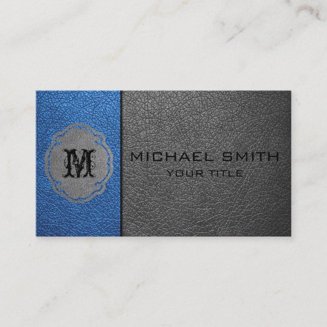 Gray and Blue Leather Business Card (Front)