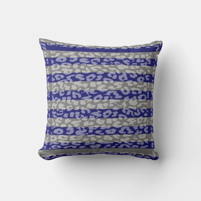 Gray and Blue Leopard Print Stripe Pattern Throw Pillow (Front)