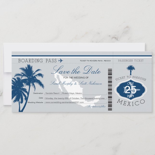 Gray and Blue Mexico Boarding Pass Save the Date (Front)