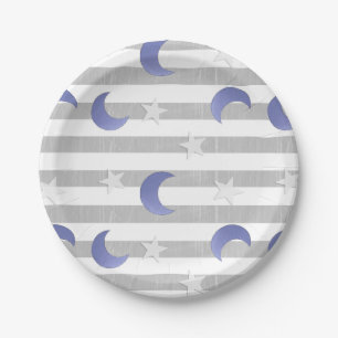 Gray and Blue Moon and Stars Baby Shower Paper Plates