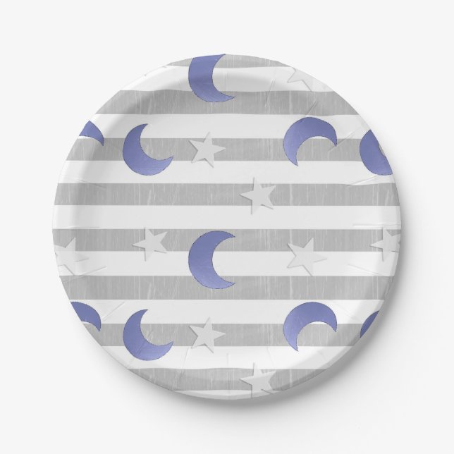 Gray and Blue Moon and Stars Baby Shower Paper Plates (Front)