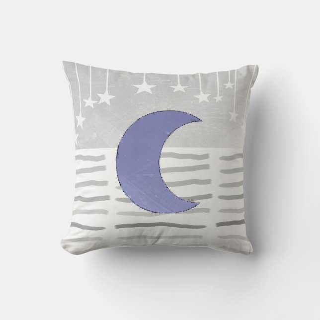Gray and Blue Moon and Stars Pillow (Front)